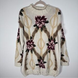 Vintage Express Tricot Sweater Size Medium Floral Hand Knit Oversized